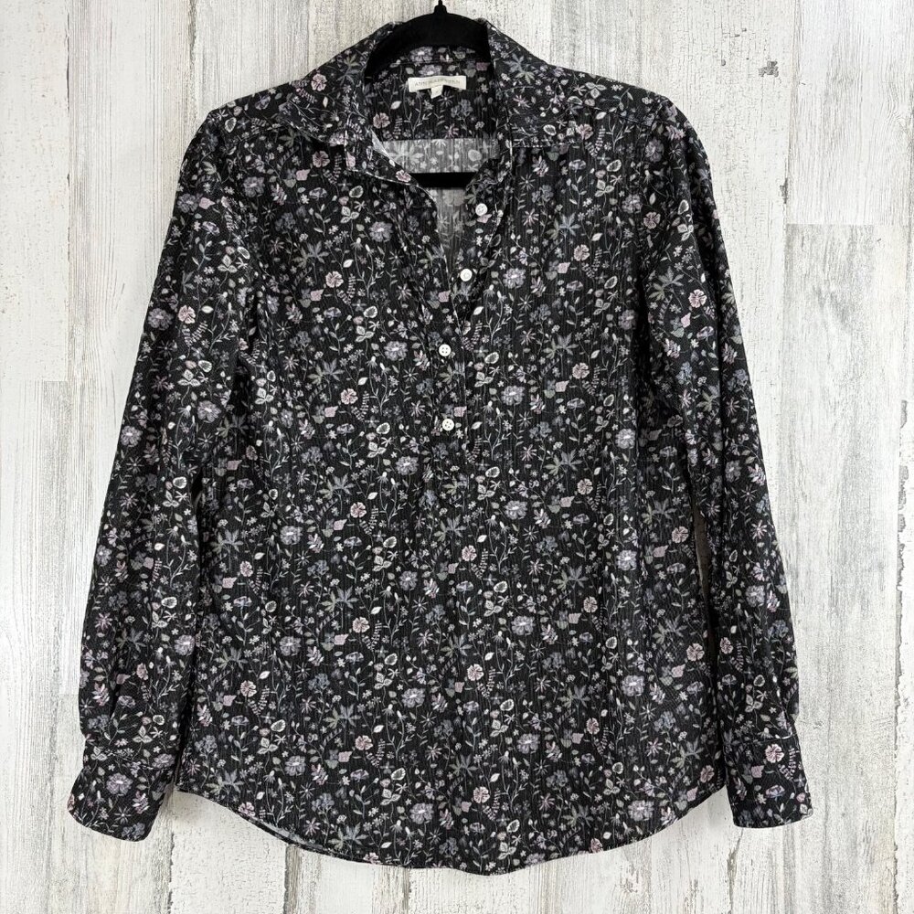 Ann Mashburn Shirt Sz S Corduroy Black Purple Floral Button Down Popover